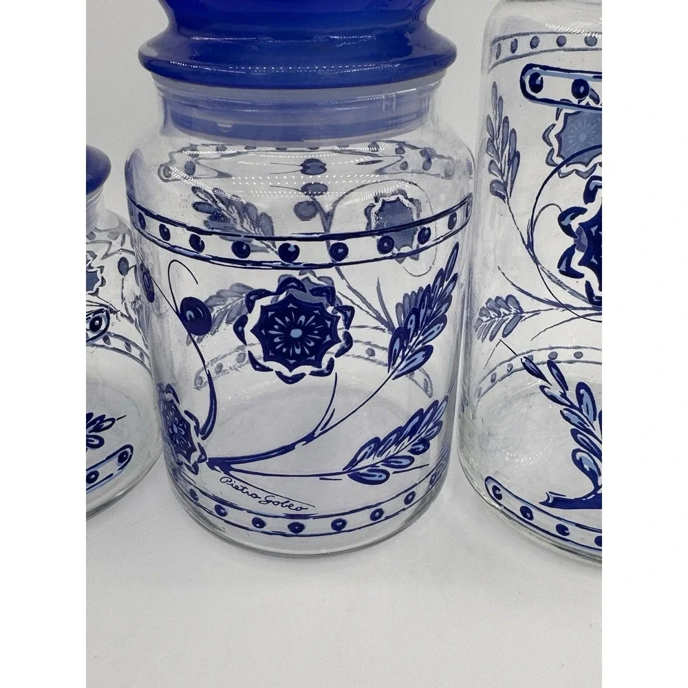 Anchor Hocking Glass Pietro Gobeo Set Of 3 Blue Kitchen Canister Flower 1970s
